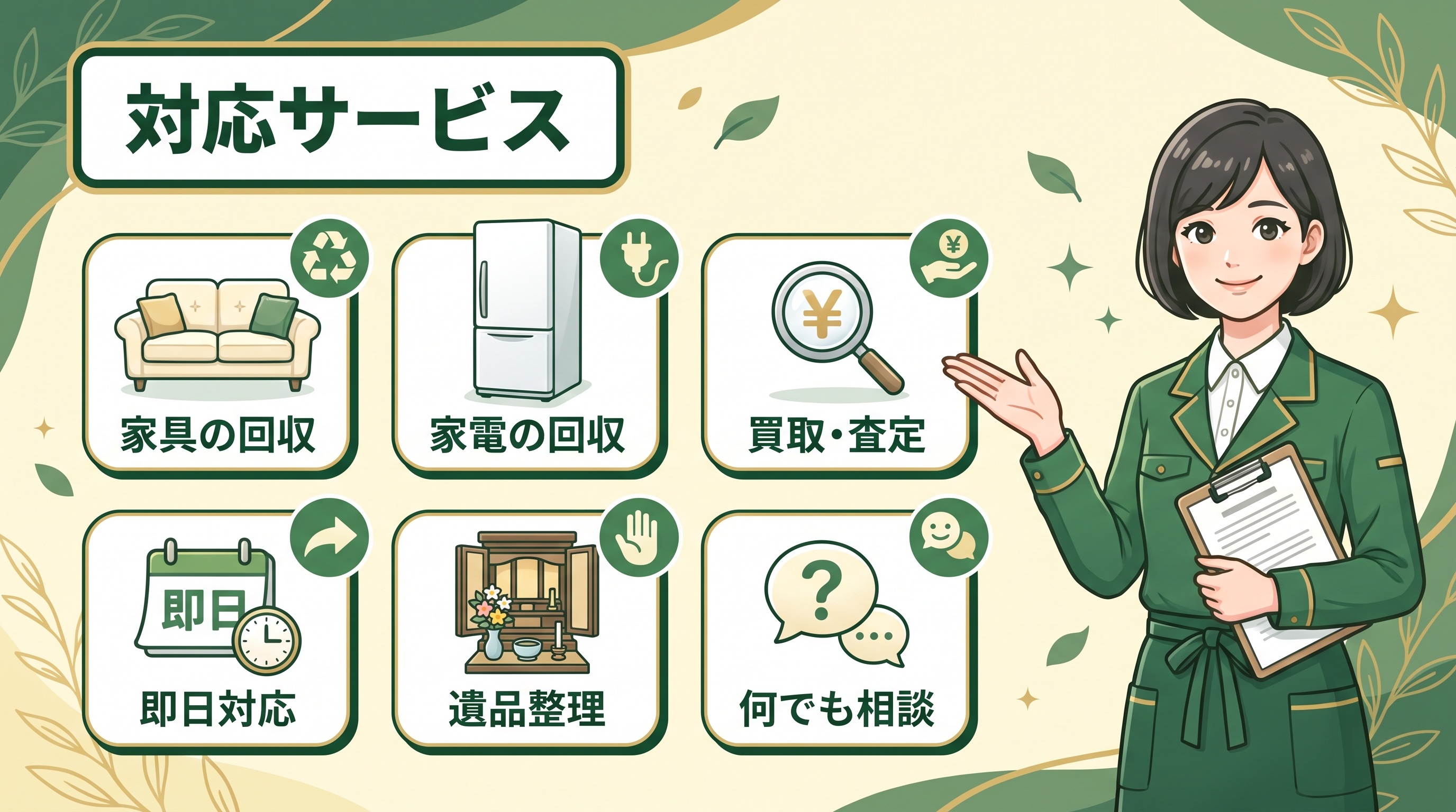 対応サービス - 家具・家電・買取査定・即日対応・遺品整理・何でも相談