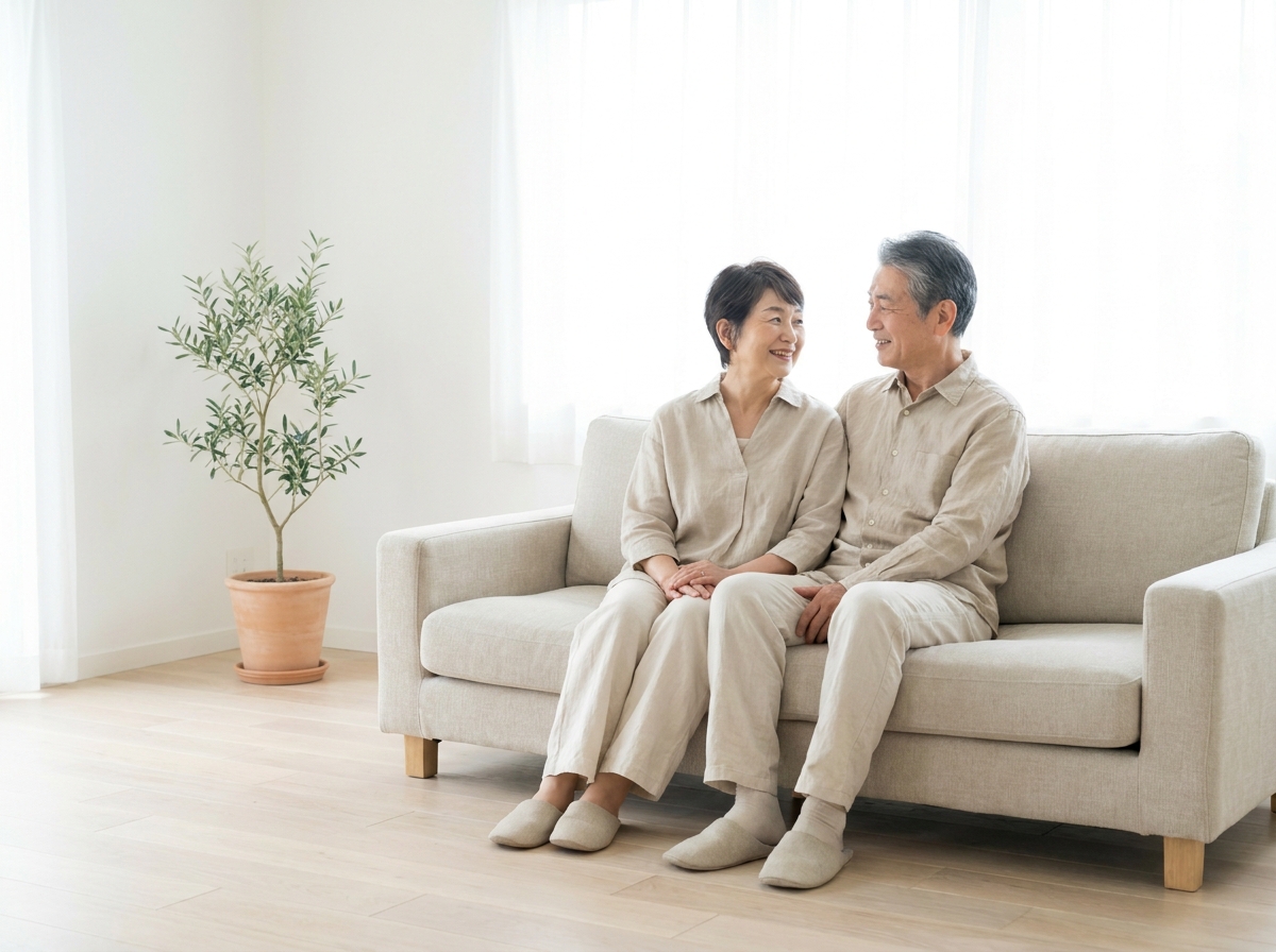 笑顔でソファにお座りのご夫婦